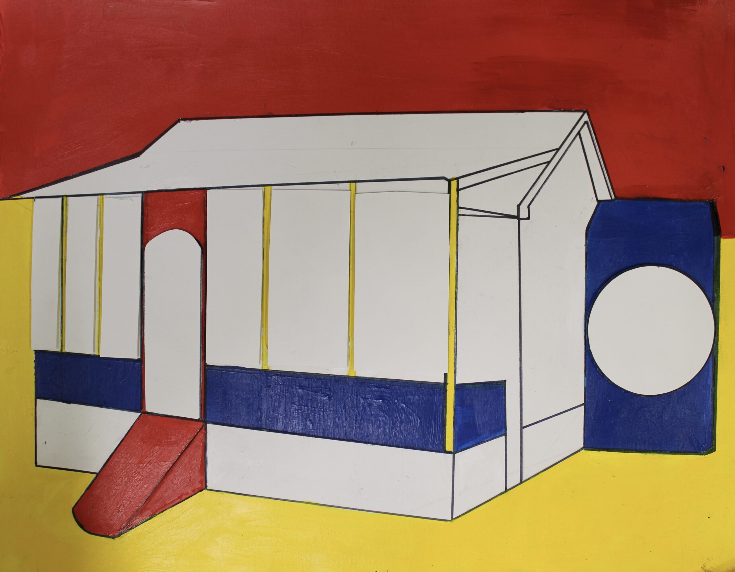 red, blue, yellow, and white painting of a house disguised as a playground
